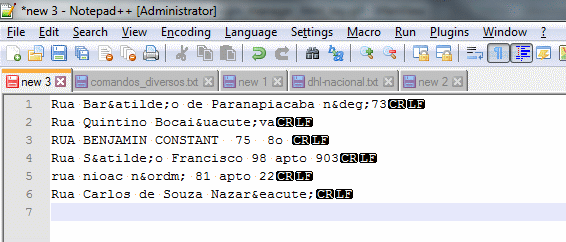 Notepad + + com caracteres especiais, codificados em HTML